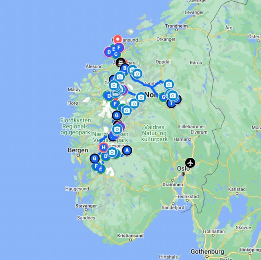 Norvegija kelionės plano žemėlapis